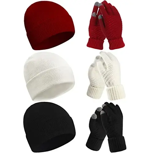 6 Pieces Women Knit Beanie Hats Touchscreen Gloves Set for Winter Cute Hats Soft Skull Cap Gifts for Christmas 