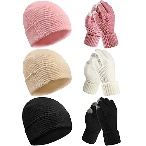 6 Pieces Women Knit Beanie Hats Touchscreen Gloves Set for Winter Cute Hats Soft Skull Cap Gifts for Christmas 