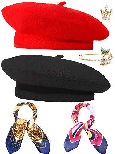 6 Pieces Wool Beret Hat Solid Color French Beanie Hat with Silky Scarf Brooch - 1