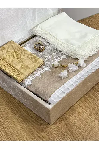 6 Предметов Велюровый Молитвенный Коврик Набор Приданое Сундук Жениха и Невесты-Бежевый - 3