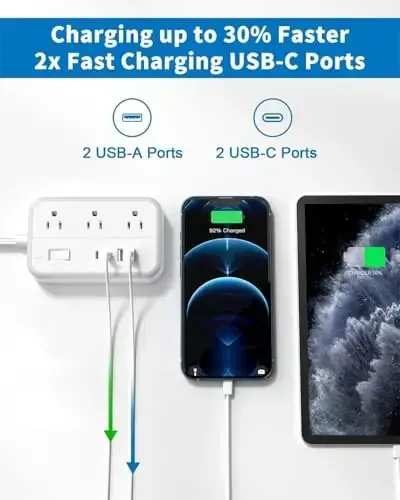 Power Strip with 6 Outlets 4 USB Ports(2USB C), Flat Extension Cord with Multiple Outlets, 1080 Joules, 5 ft Flat Plug Outlet Extender for Indoor, Office Supplies, Dorm Room Essentials - 6