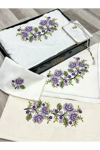 6 Qismli Etamin Kashtali Qutili Joynamoz To'plami Seplik Bo'xchali Kelin Kuyov Joynamoz Seti-Krem - 7