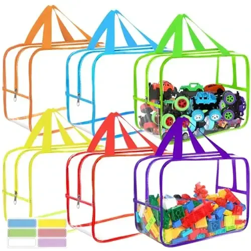6 Colors Widen X-Large Toy Storage Bags 12.6×9.25×6.9In with Labels, Reusable Clear PVC Board Game Storage, Travel Waterproof Organizer Bags with Zipper for Building Blocks, Puzzle, Stuffed Animals 