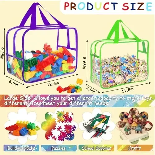 6 Colors Widen X-Large Toy Storage Bags 12.6×9.25×6.9In with Labels, Reusable Clear PVC Board Game Storage, Travel Waterproof Organizer Bags with Zipper for Building Blocks, Puzzle, Stuffed Animals - 2