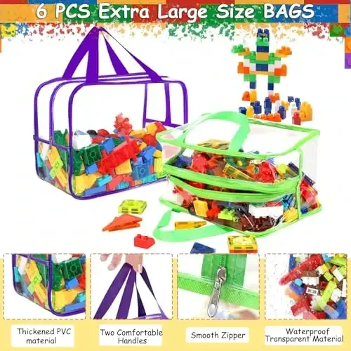 6 Colors Widen X-Large Toy Storage Bags 12.6×9.25×6.9In with Labels, Reusable Clear PVC Board Game Storage, Travel Waterproof Organizer Bags with Zipper for Building Blocks, Puzzle, Stuffed Animals - 3