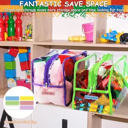 6 Colors Widen X-Large Toy Storage Bags 12.6×9.25×6.9In with Labels, Reusable Clear PVC Board Game Storage, Travel Waterproof Organizer Bags with Zipper for Building Blocks, Puzzle, Stuffed Animals - 4
