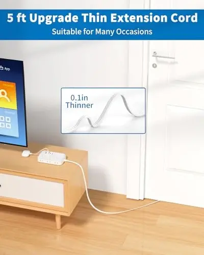 6 Розетка, 4 USB порти (2 USB C) бўлган Surge Protector Power Strip, бир нечта розеткалари бўлган ясси узайтиргич, 1080 Жоул, 5 футли ясси вилкали розетка узайтиргичи ички, офис буюмлари, ётоқхона учун - 4