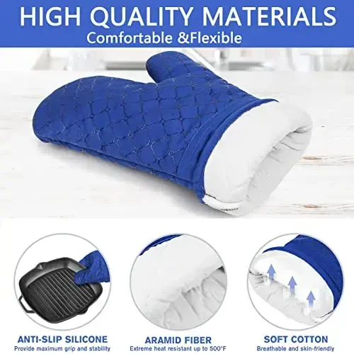 6 шт. прихваток и подставок под горячее, термостойкие прихватки 500℉ с кухонными полотенцами, мягкая хлопковая подкладка и нескользящая силиконовая поверхность, безопасны для выпечки, приготовления пищи, барбекю (синий) - 3