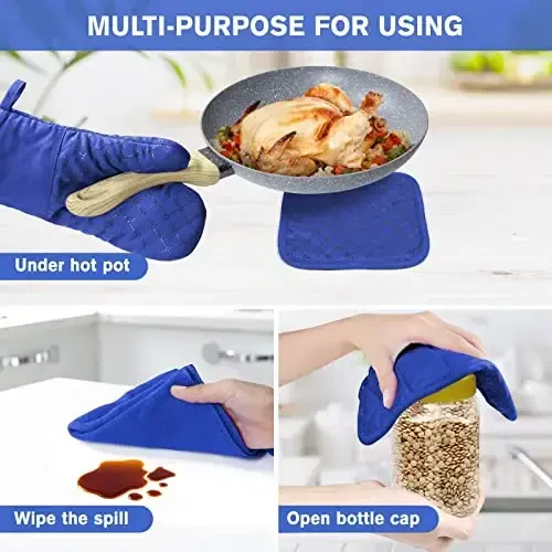 6 шт. прихваток и подставок под горячее, термостойкие прихватки 500℉ с кухонными полотенцами, мягкая хлопковая подкладка и нескользящая силиконовая поверхность, безопасны для выпечки, приготовления пищи, барбекю (синий) - 5