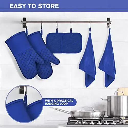 6 шт. прихваток и подставок под горячее, термостойкие прихватки 500℉ с кухонными полотенцами, мягкая хлопковая подкладка и нескользящая силиконовая поверхность, безопасны для выпечки, приготовления пищи, барбекю (синий) - 6