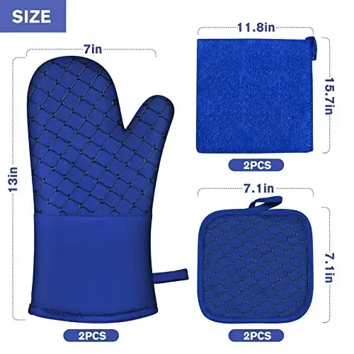 6 шт. прихваток и подставок под горячее, термостойкие прихватки 500℉ с кухонными полотенцами, мягкая хлопковая подкладка и нескользящая силиконовая поверхность, безопасны для выпечки, приготовления пищи, барбекю (синий) - 7