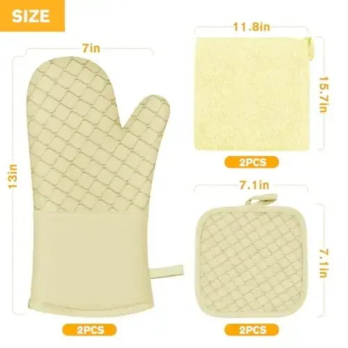 6 шт. прихваток и подставок под горячее, термостойкие прихватки до 260°C с кухонными полотенцами, мягкой хлопковой подкладкой и нескользящей силиконовой поверхностью, безопасны для выпечки, приготовления пищи, барбекю (молочный коктейль/бежевый) - 7