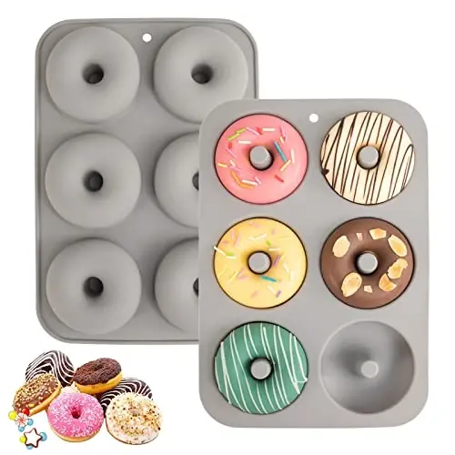 6 ta donutchilik uchun Aichoof silikon kalıplari, 2 ta to'plam. Oziq-ovqat darajasi LFGB silikon Bagel pishirish idishi, yopishmaydigan, idish yuvish mashinasida yuvish mumkin, issiqqa chidamli va mikroto'lqinli pechda xavfsiz (kulrang) 