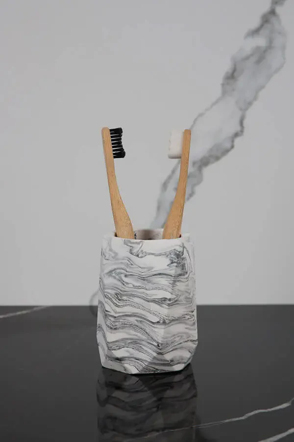 6 тасмали мармар нақшли бетон ваннахона анжомлари тўплами: суюқ ва қаттиқ совунлик, тиш чўткаси учун штатив, сочиқлик, хушбўй ёғ қутиси, тос. - 3