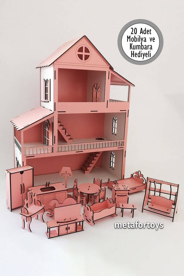 60 Cm Isimli Işıklı Ahşap Oyun Evi (PEMBE) - 15