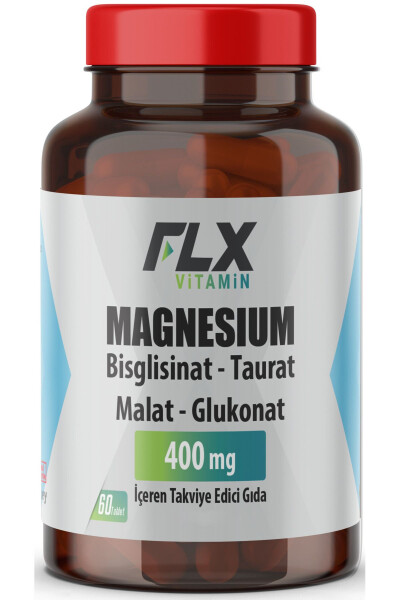 60 Ta’blar Magniy Bisglitsinat Malat Taurat Glyukonat Magniy Elementlari 400 Mg - FLX