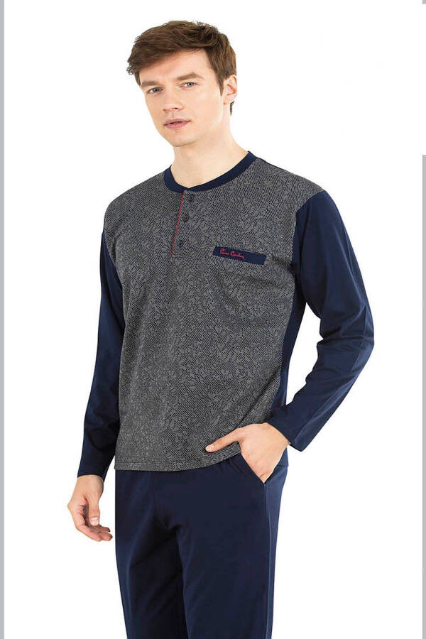 6025 Men's Navy Jacquard Long Sleeve Pajama Set - 7