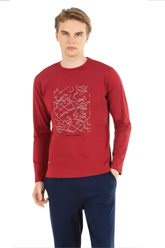 6030 Erkek Uzun Kollu Pijama Takımı-Bordo-BORDO - 1