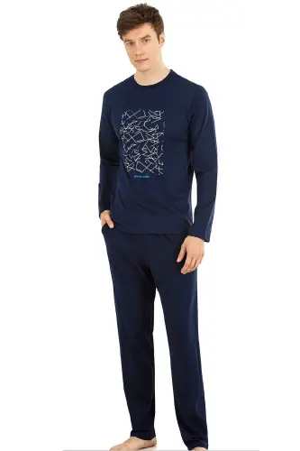 6030 Erkek Uzun Kollu Pijama Takımı-Lacivert - LACİVERT 