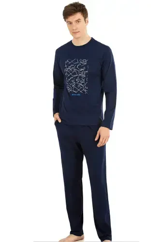 6030 Men's Long Sleeve Pajamas Set-Navy Blue-NAVY BLUE - 1