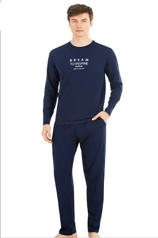 6066 Erkek Uzun Kollu Bisiklet Yaka Pijama Takımı-Gri - LACİVERT - 1