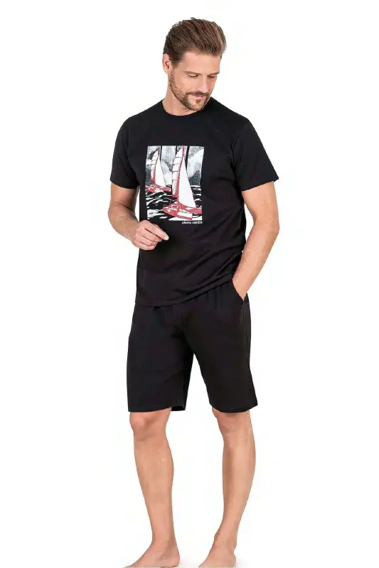 6039 Men's Short Sleeve Shorts Pajamas Set-Black-BLACK - PIERRE CARDIN
