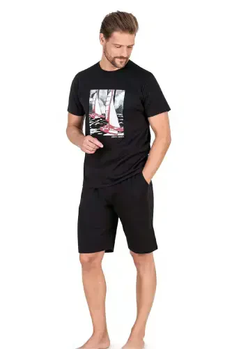 6039 Men's Short Sleeve Shorts Pajamas Set-Black-BLACK - 1