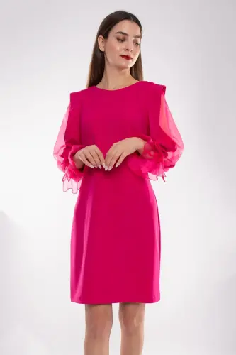 60627 Kolları Organze Tül Krep Elbise - SİYAH - 3