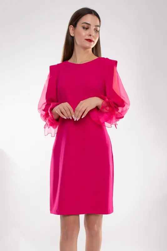 60627 Kolları Organze Tül Krep Elbise - SİYAH - 3