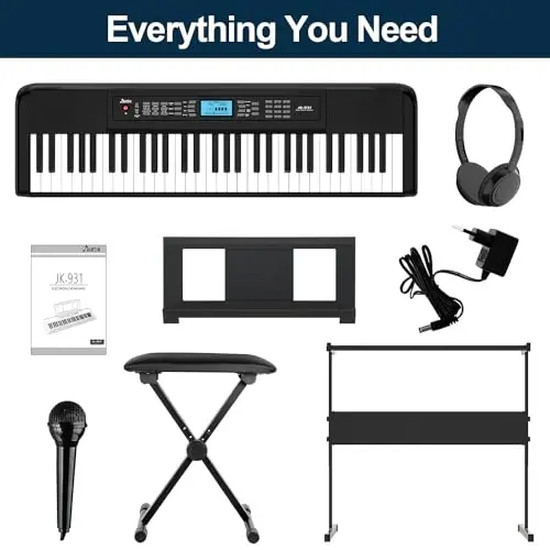 61 Key Keyboard Piano, Portable Electric Piano Keyboard w/LCD Screen, Built-In Speakers, Headphones, Stand, Stool, Music Rest, Microphone, 300 Timbres, 300 RhytModazones, Ideal for Beginner Adult - 6