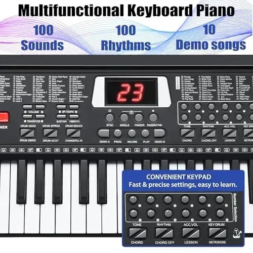 61 Key Keyboard Piano, Portable Electronic Keyboard Piano for Beginners with Speakers, Microphone, Sheet Music Stand, 100 Voices, 100 RhytModazones, Digital Music Keyboard for Teen - HERTMUN (1)