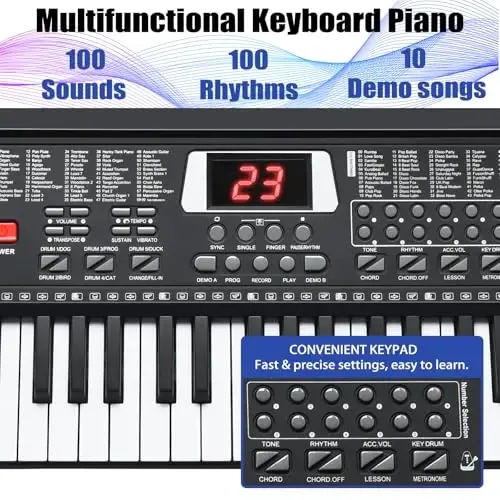 61 Key Keyboard Piano, Portable Electronic Keyboard Piano for Beginners with Speakers, Microphone, Sheet Music Stand, 100 Voices, 100 RhytModazones, Digital Music Keyboard for Teen - HERTMUN (1)