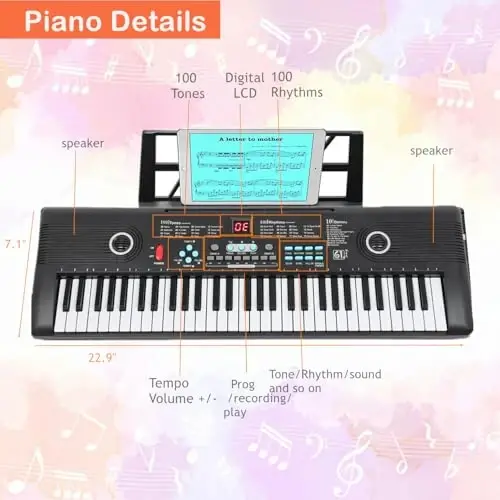 61 Key Music Electric Piano for Kids Beginner W/Dual Speaker Microphone Portable Digital Piano Birthday Christmas Gifts - 5