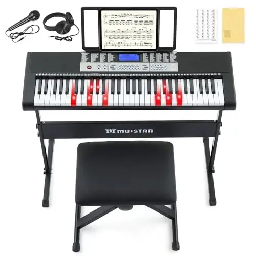 61 Key Piano Keyboard, Electric Keyboard Piano with Light-Up Keys, 255 Tones/RhytModazones, Smart Learning System, Headphone, Microphone, Keyboard Stand, Stool, Stickers, Piano Keyboard Set for Beginners - 1