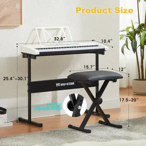 61 Key Piano Keyboard, Electric Keyboard Piano with Light-Up Keys, 255 Tones/RhytModazones, Smart Learning System, Headphone, Microphone, Keyboard Stand, Stool, Stickers, Piano Keyboard Set for Beginners - MUSTAR (1)