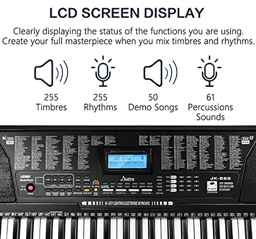 61 Key Portable Electronic Keyboard Piano w/Lighted Full Size Keys, LCD, Headphones, X-Stand, Stool, Music Rest, Microphone, Note Stickers, Built-In Speakers,3 Teaching Modes - JIKADA (1)
