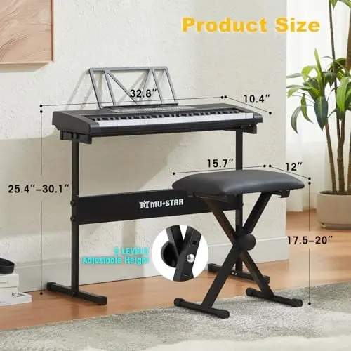 61 Клавишное Пианино, Электрическое Пианино с Подсветкой Клавиш, 255 Тембров/Ритмов, Умная Система Обучения, Наушники, Микрофон, Стойка, Табурет, Наклейки, Набор для Начинающих - MUSTAR (1)