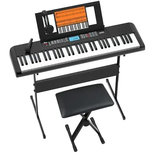 61 Ta'sirli Klaviatura Pianino, LCD Ekranli Ko'chma Elektrikli Pianino Klaviaturasi, O'rnatilgan Dinamiklar, Quloqchin, Stend, Skameyka, Nota Qo'yish Joyi, Mikrofon, 300 Ovoz, 300 Ritim, Yangi Boshlanuvchi Va Voyaga Yetganlar Uchun Ideal - 2