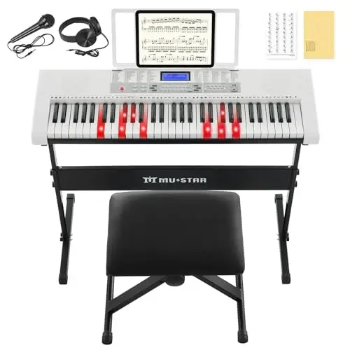 61 Tugatli Pianino Klavishchasi, Chiroqli Tugatmalarga ega Elektr Klavishchali Pianino, 255 ta Ohang/Ritm, Aqlli O'rganish Tizimi, Naushnik, Mikrofon, Klavishchalar Stoykasi, Stul, Stikerlar, Boshlang'ich Uchun Pianino Klavishchasi To'plami 