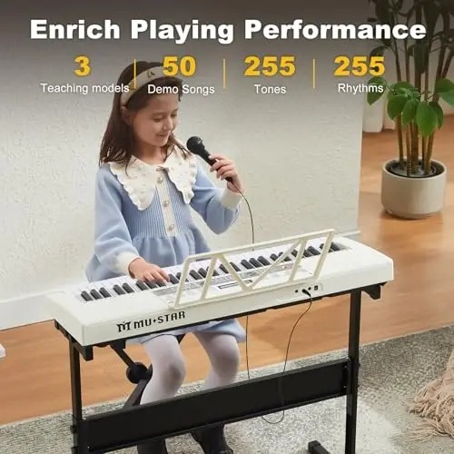 61 Tugatli Pianino Klavishchasi, Chiroqli Tugatmalarga ega Elektr Klavishchali Pianino, 255 ta Ohang/Ritm, Aqlli O'rganish Tizimi, Naushnik, Mikrofon, Klavishchalar Stoykasi, Stul, Stikerlar, Boshlang'ich Uchun Pianino Klavishchasi To'plami - 4