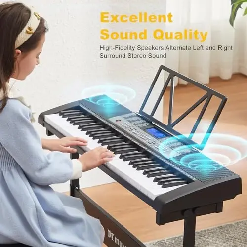 61 Tugmali Pianino Klaviasi, Yoritiladigan Tugmali Elektr Klaviaturali Pianino, 255 Ohang/Ritm, Aqlli O'rganish Tizimi, Naushnik, Mikrofon, Klavitura Stendi, Stul, Stikerlar, Boshlang'ich uchun Pianino Klaviatura To'plami 