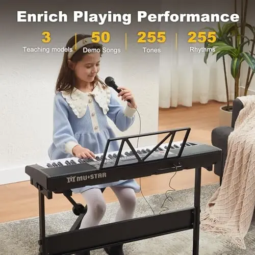 61 Key Piano Keyboard, Electric Keyboard Piano with Light-Up Keys, 255 Tones/RhytModazones, Smart Learning System, Headphone, Microphone, Keyboard Stand, Stool, Stickers, Piano Keyboard Set for Beginners - 4