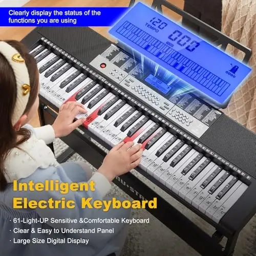 61 Key Piano Keyboard, Electric Keyboard Piano with Light-Up Keys, 255 Tones/RhytModazones, Smart Learning System, Headphone, Microphone, Keyboard Stand, Stool, Stickers, Piano Keyboard Set for Beginners - 5