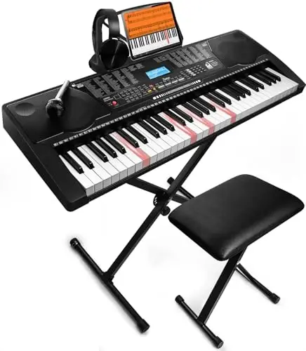 61 Key Portable Electronic Keyboard Piano w/Lighted Full Size Keys, LCD, Headphones, X-Stand, Stool, Music Rest, Microphone, Note Stickers, Built-In Speakers,3 Teaching Modes 