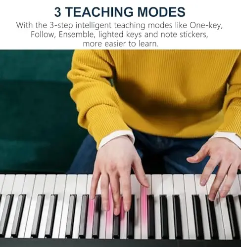 61 Key Portable Electronic Keyboard Piano w/Lighted Full Size Keys, LCD, Headphones, X-Stand, Stool, Music Rest, Microphone, Note Stickers, Built-In Speakers,3 Teaching Modes - 5