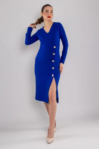 61656 Vyaka Long Sleeve Gold Button Crepe Dress-DARK SAX 