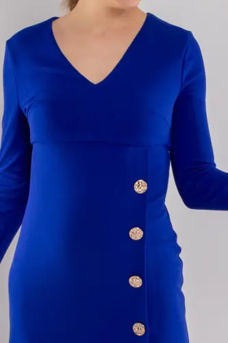 61656 Vyaka Long Sleeve Gold Button Crepe Dress-DARK SAX - 3