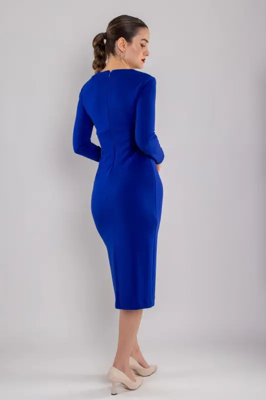61656 Vyaka Long Sleeve Gold Button Crepe Dress-DARK SAX - 4