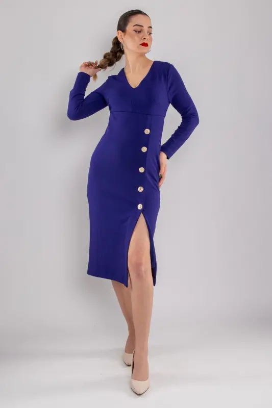 61656 Vyaka Long Sleeve Gold Button Crepe Dress-PURPLE/NAVY - 1