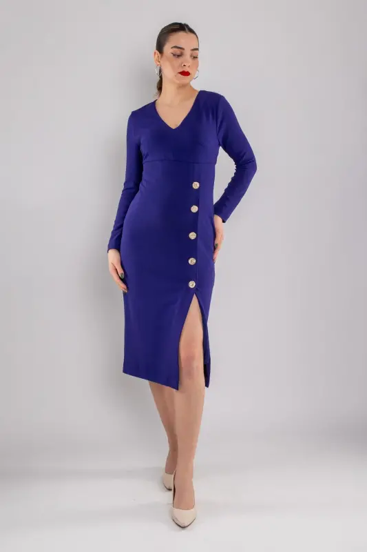 61656 Vyaka Long Sleeve Gold Button Crepe Dress-PURPLE/NAVY - 2